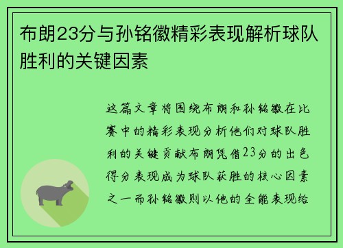 布朗23分与孙铭徽精彩表现解析球队胜利的关键因素
