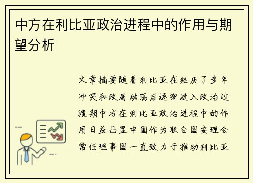 中方在利比亚政治进程中的作用与期望分析