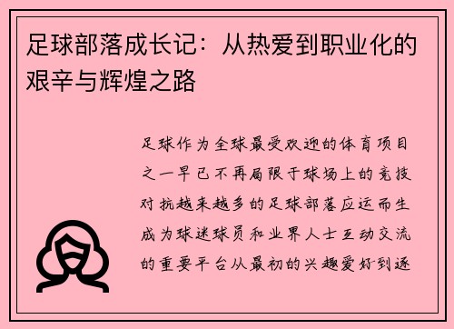 足球部落成长记：从热爱到职业化的艰辛与辉煌之路