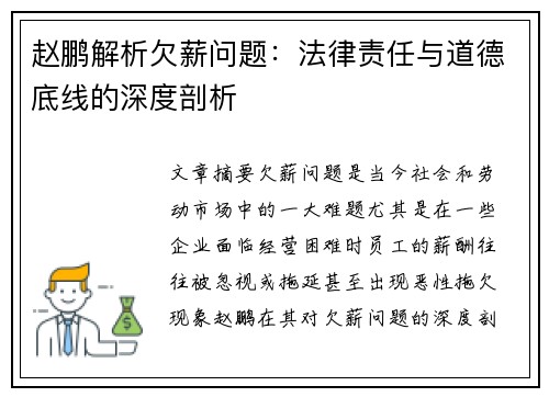 赵鹏解析欠薪问题：法律责任与道德底线的深度剖析